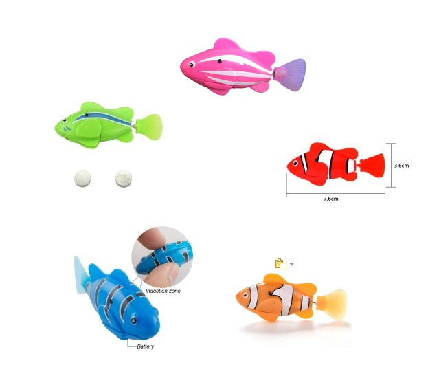 Colorful swimming robot fish toys in vibrant pink, green, blue, and orange with realistic swimming action for baths and aquariums.