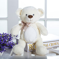 Beige teddy bear plush toy with bow, sitting on a book, beside purple flowers in a bright room.