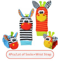 Soft baby rattle wrist and foot socks toy set with colorful plush animal designs for sensory development and motor skills.