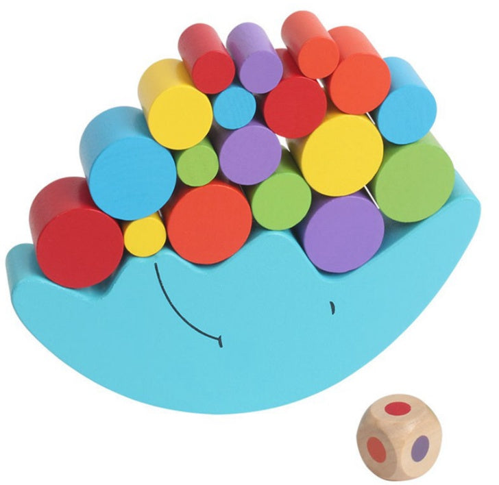 Colorful wooden moon balance toy with stacking pieces and a dice, designed for kids to develop motor skills and hand-eye coordination.