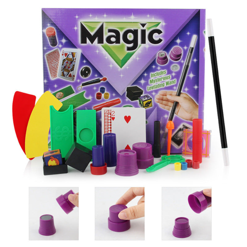 Magic Tricks Set for Kids with 45+ tricks including levitating wand, mystery cups, and colorful props for endless entertainment.