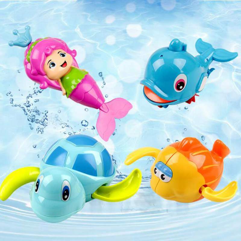 Colorful wind-up bath toys for babies and toddlers, featuring a mermaid, whale, turtle, and fish swimming in water.