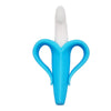 Silicone banana baby teether in blue, designed for soothing teething discomfort and improving grip for babies aged 0-12 months.