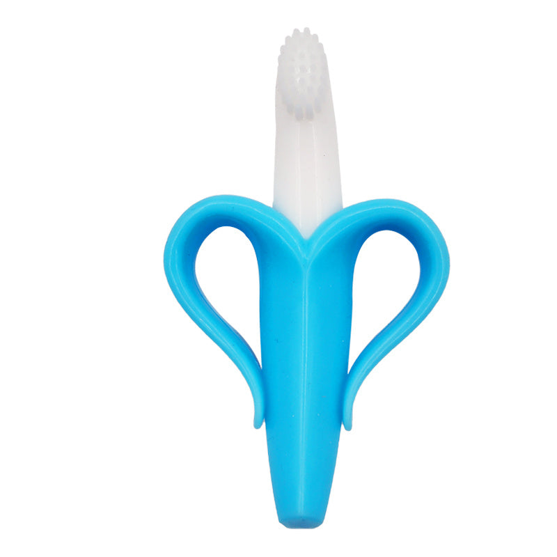 Silicone banana baby teether in blue, designed for soothing teething discomfort and improving grip for babies aged 0-12 months.