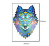 Colorful wooden wolf puzzle design with intricate patterns and vibrant hues, measuring 297mm by 420mm. Perfect for art and puzzle enthusiasts.