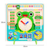 Montessori wooden calendar clock toy for kids with frog design, teaches time, seasons, and weather concepts in 30x30cm size.