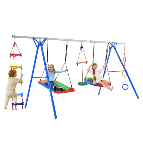 Children playing on a 5-in-1 outdoor swing set with ladders, saucer swing, and climbing rings, perfect for active backyard fun.