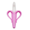 Pink silicone banana teether for babies, combines toothbrush and teether to soothe gums and enhance grip strength.