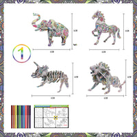 3D DIY animal puzzle set with colorful designs, featuring elephant, horse, dinosaur, lion models and coloring markers for creative play.