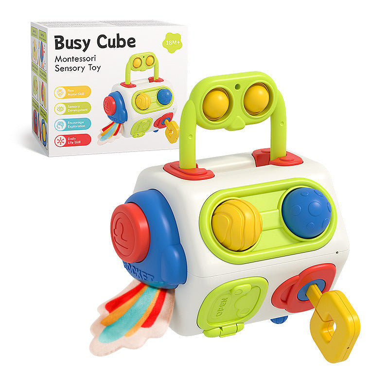 9-in-1 Busy Cube Montessori Sensory Educational Toy with interactive buttons, gears, and sliders for toddler motor skills development.