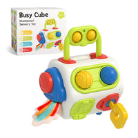 9-in-1 Busy Cube Montessori Sensory Educational Toy with interactive buttons, gears, and sliders for toddler motor skills development.