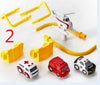 Toy car and helicopter set with colorful tracks and ramps for kids' adventure rail play.