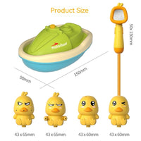 Baby bath toy set with green boat, shower, and four cute yellow ducks with different expressions.