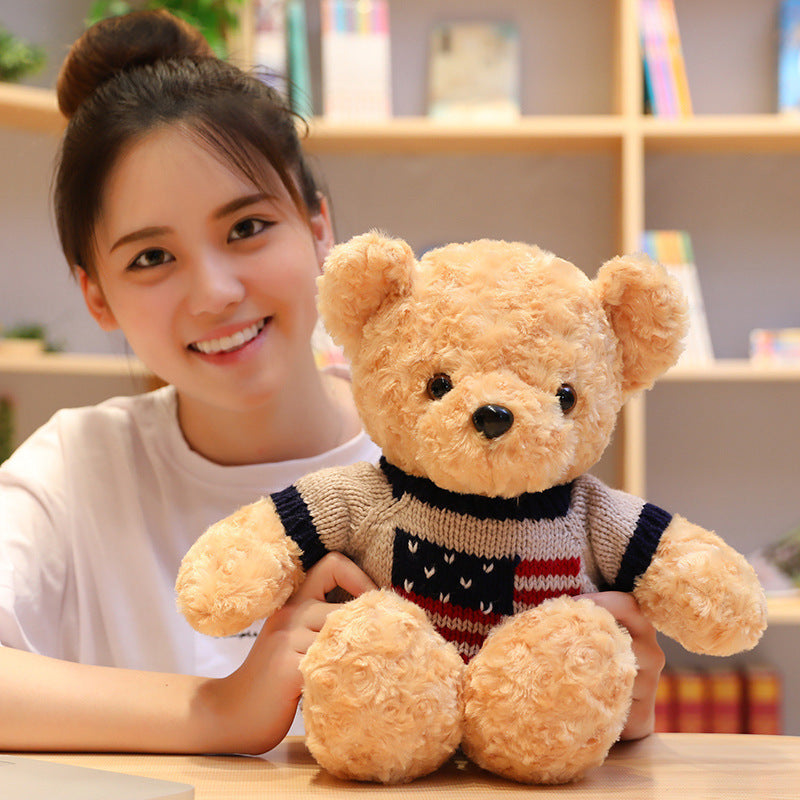 Woman smiling next to a soft teddy bear plush toy in a cozy setting, ideal for gifting and decoration.