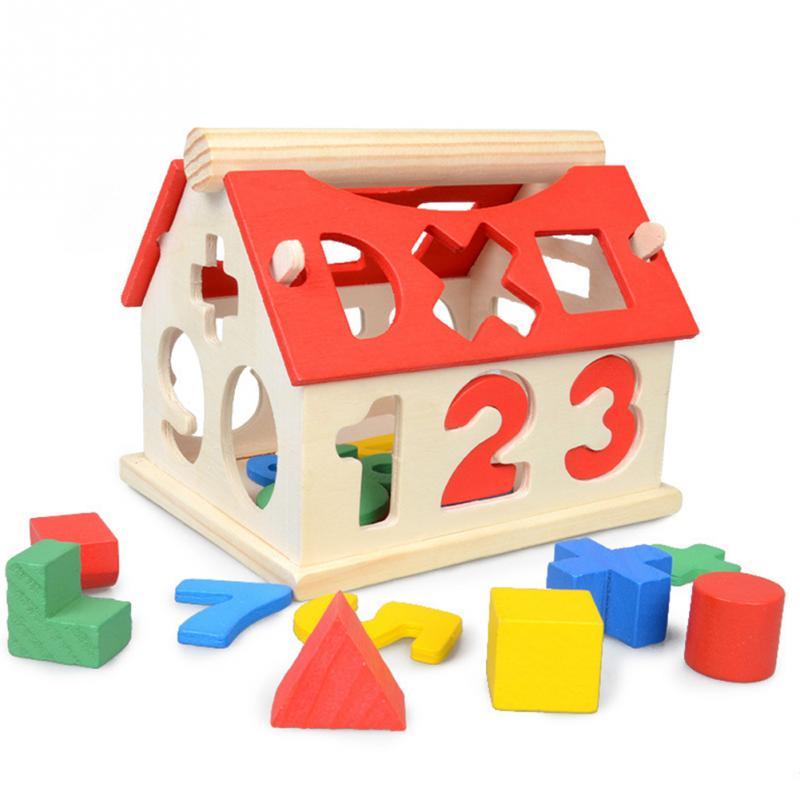 Wooden Digital House toy with colorful numbers and shapes for early learning and cognitive development.