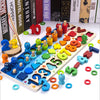 Colorful 3D wooden alphabet and number puzzle educational toy for toddlers displayed on a table with books in the background.