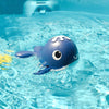 Cute blue whale clockwork bath toy floating in a pool, designed for kids' water play and skill development.