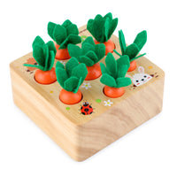 Wooden carrot-themed puzzle toy for toddlers with felt leaves, enhancing fine motor skills and early learning through play.