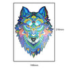 Colorful wolf-themed wooden puzzle featuring vibrant, intricate designs and unique animal patterns.