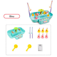 Electric Fishing Toy Set in blue with fishing rods, colorful ducks, and accessories for interactive play and skill development.