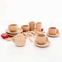 Wooden play kitchen toy set with cups, saucers, and utensils for toddler imaginative play and skill development.