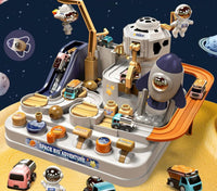 Interactive space-themed car track toy set for kids with ramps, rockets, and playful astronauts. Perfect for imaginative adventures.