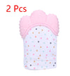 Pink silicone baby teething glove with colorful polka dots, designed for soothing gums. Pack of 2.