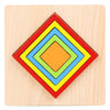 Wooden geometric shape puzzle with vibrant colored squares for kids' cognitive development. Perfect educational toy for early learning.