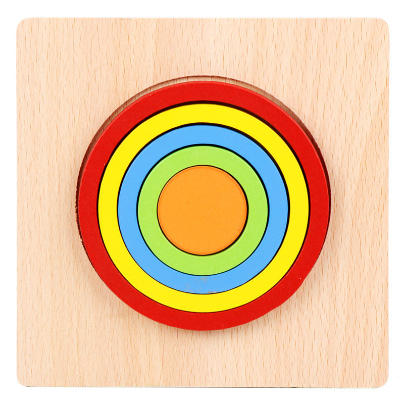 Wooden geometric shape puzzle with colorful concentric circles for kids' cognitive and motor skill development.