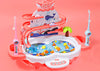 Electric fishing toy set with music and lights for kids, featuring colorful fish and interactive tracks on a red background.