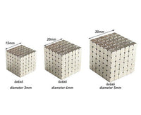 Three sets of magnetic building blocks in varying sizes for creativity and stress relief, showing dimensions and cube configurations.