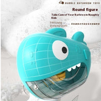 Musical dinosaur bubble machine for babies in bath, wall-mounted with playful design, creating bubbles for fun and soothing bath time.