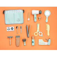 Wooden hairdressing playset for kids, includes pretend makeup tools and haircut accessories on an orange background.