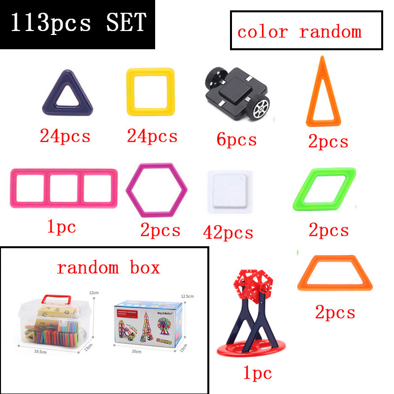 Magnetic Building Blocks Set with 113 colorful pieces in various geometric shapes for creative and educational play.