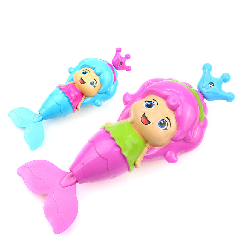 Colorful mermaid wind-up bath toys for babies, featuring pink and blue designs, promoting fun and safe water play.