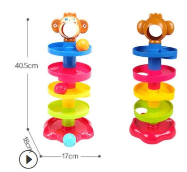 Colorful stackable rolling ball toy for babies with monkey topper, promoting motor skills and hand-eye coordination through play.