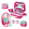 Children's portable makeup suitcase pretend play cosmetic set for kids in pink, including toys like brushes and pretend lipsticks.