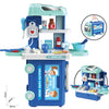 Kids Kitchen and Tools Bus Suitcase Toy with medical bus setup, featuring shelves with play tools and accessories for imaginative play.