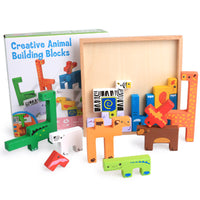 Wooden animal stack blocks set with colorful animal-shaped pieces and box, ideal for creative play and skill development for kids.