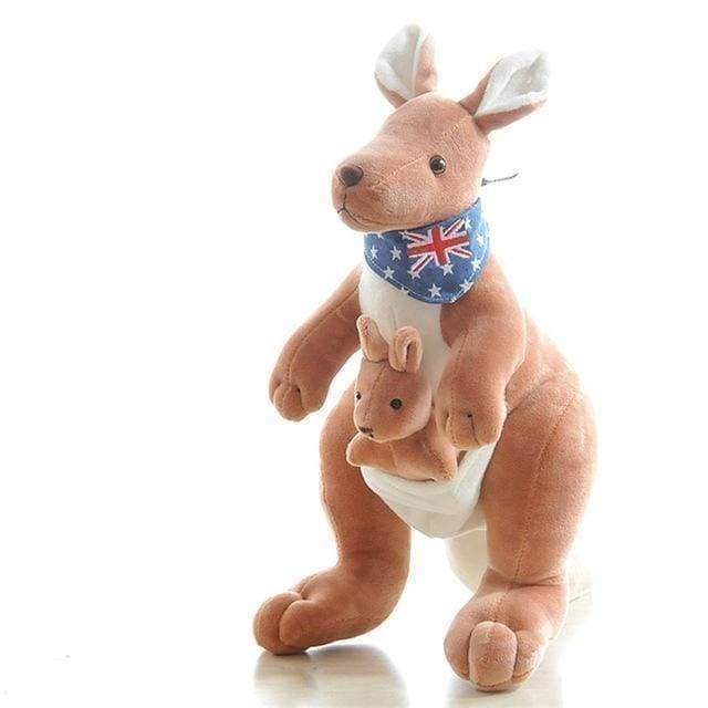 Kangaroo plush toy with baby joey in pouch, featuring soft fabric and Australian flag bandana, perfect for cuddling and gifting.