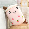 Milk tea cup plush pillow with fruit theme and cute face, perfect for home decor and comfort.