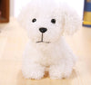 Fluffy white plush teddy dog pendant keychain on a wooden surface.