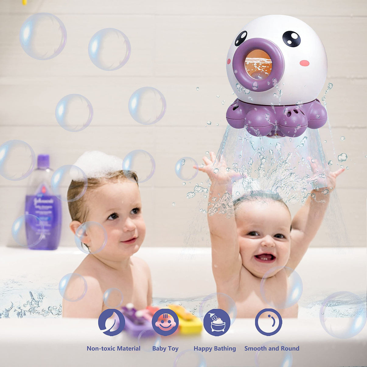 Kids enjoying bath time with octopus bath toy featuring rotating water spray, perfect for fun and interactive play in the tub.