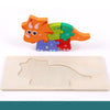 Colorful wooden 3D dinosaur puzzle piece next to matching wooden base, enhancing problem-solving and hand-eye coordination skills.