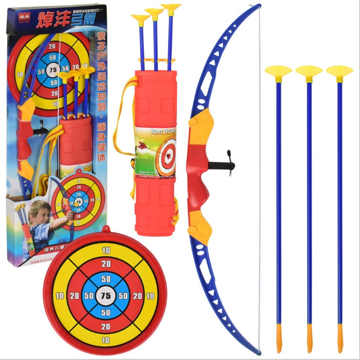 Kids bow and arrow set with colorful target, suction cup arrows, bow, and carrying case for safe indoor and outdoor play.