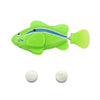 Green electronic swimming robot fish toy with batteries for bath time and aquarium fun.