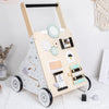 Montessori wooden baby walker with interactive features for early learning and walking, including shape sorting and gear activities.