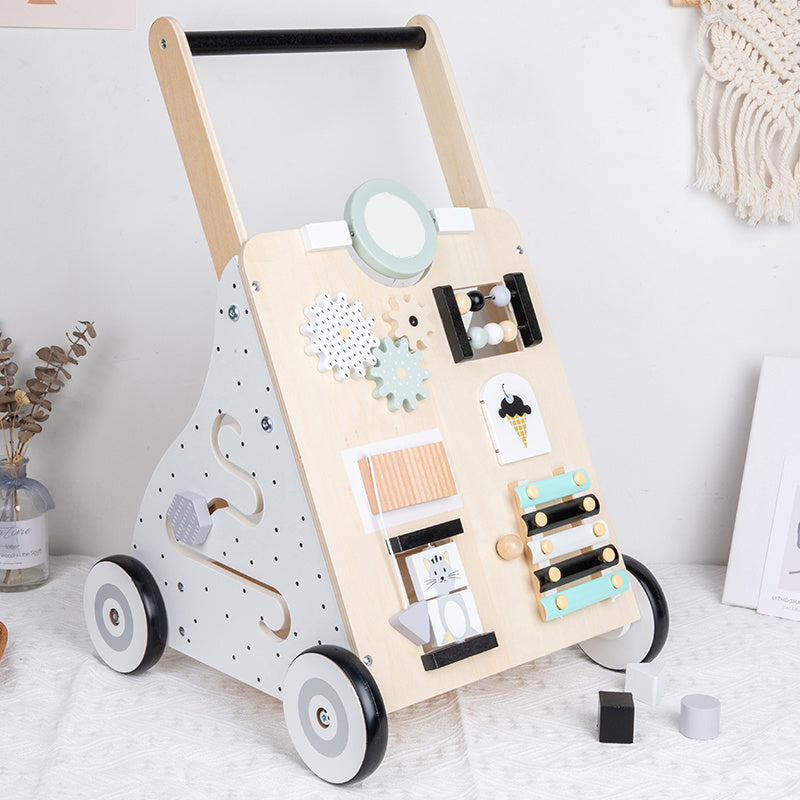 Montessori wooden baby walker with interactive features for early learning and walking, including shape sorting and gear activities.