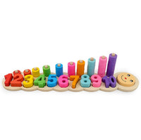 Wooden logarithmic board with colorful numbers and stacking rings for early math and color learning.