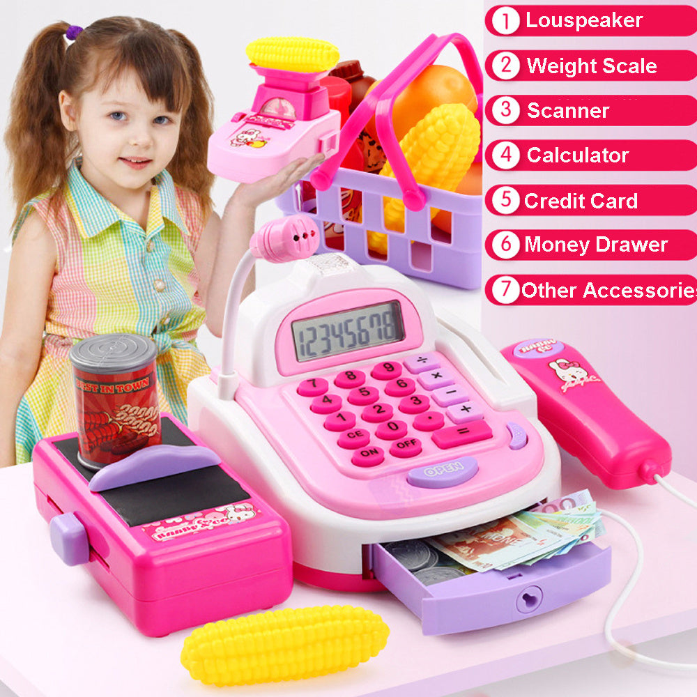 Child playing with interactive kids supermarket checkout toy, featuring a colorful plastic cash register with accessories.